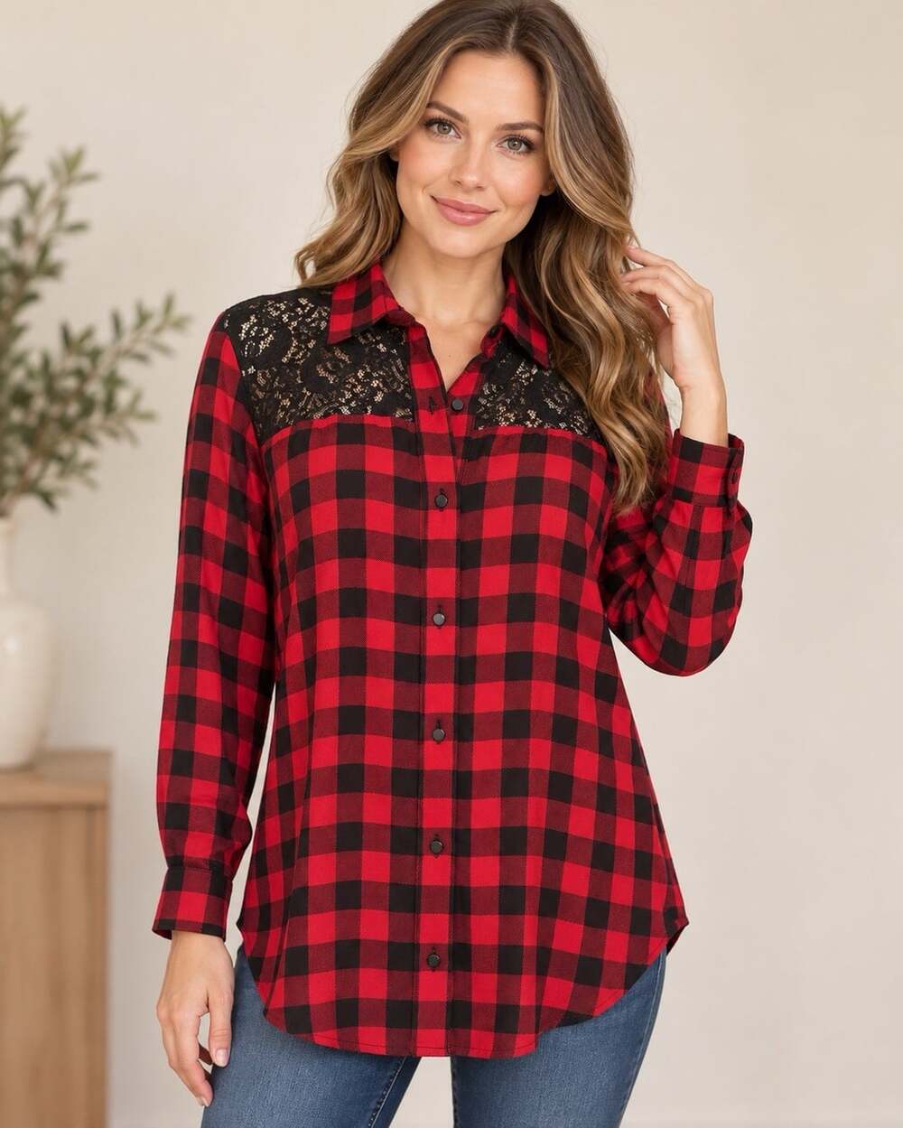 Elliott Lauren 8 Buffalo Plaid Lace Button Shirt Red Black Fall USA Cabin Casual